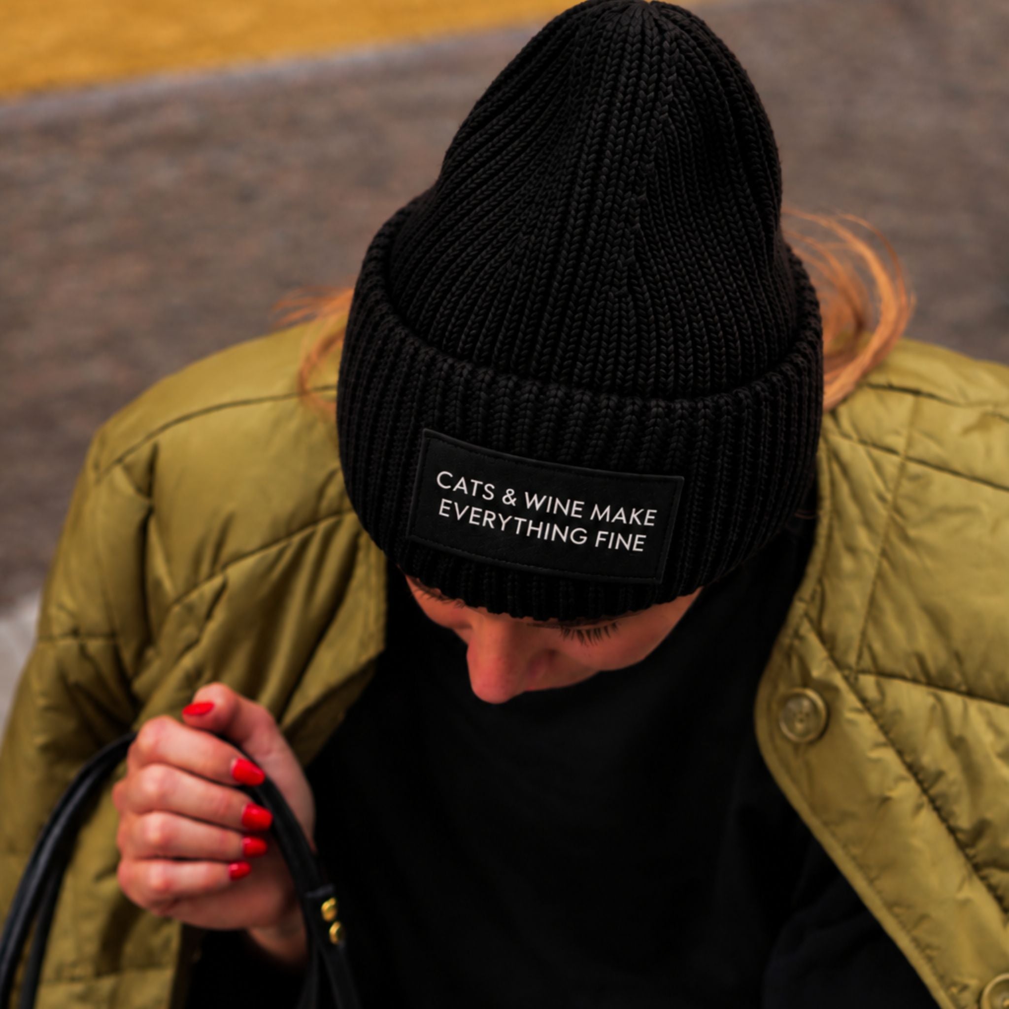 Black Wool Beanie - Cats & Wine Make Everything Fine