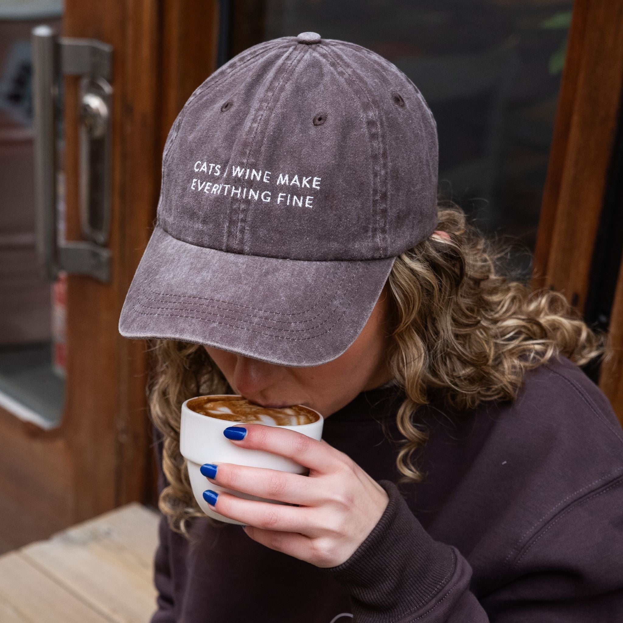 Brown Denim Cap - Cats & Wine Make Everything Fine
