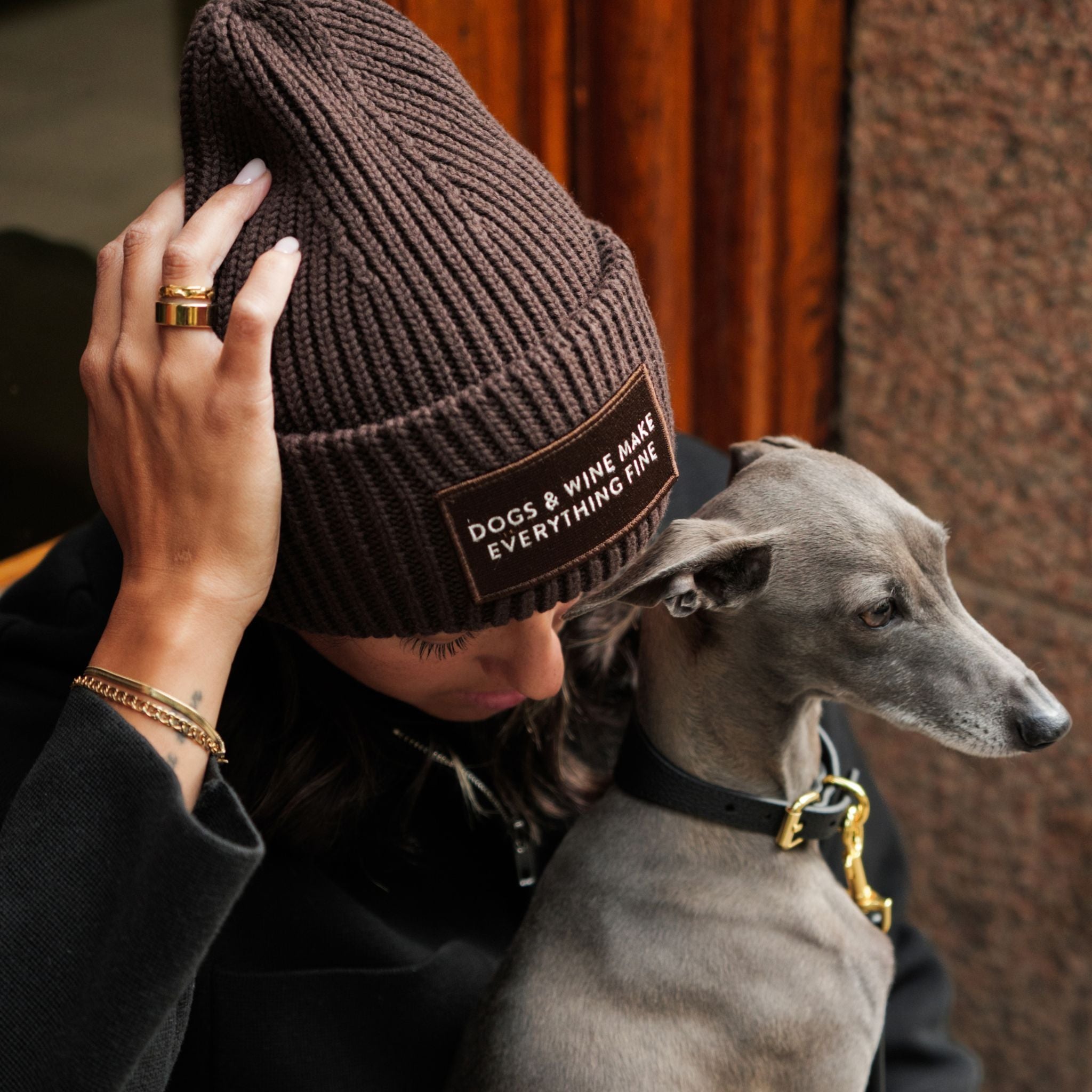 Dark Brown Wool Beanie - Dogs & Wine Make Everything Fine