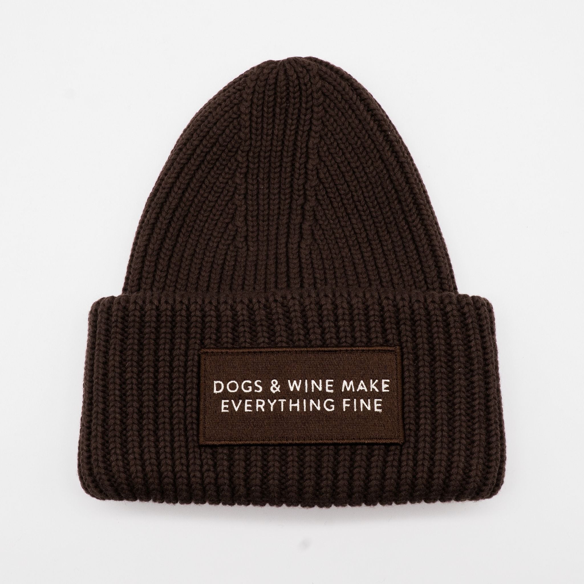 Dark Brown Wool Beanie - Dogs & Wine Make Everything Fine